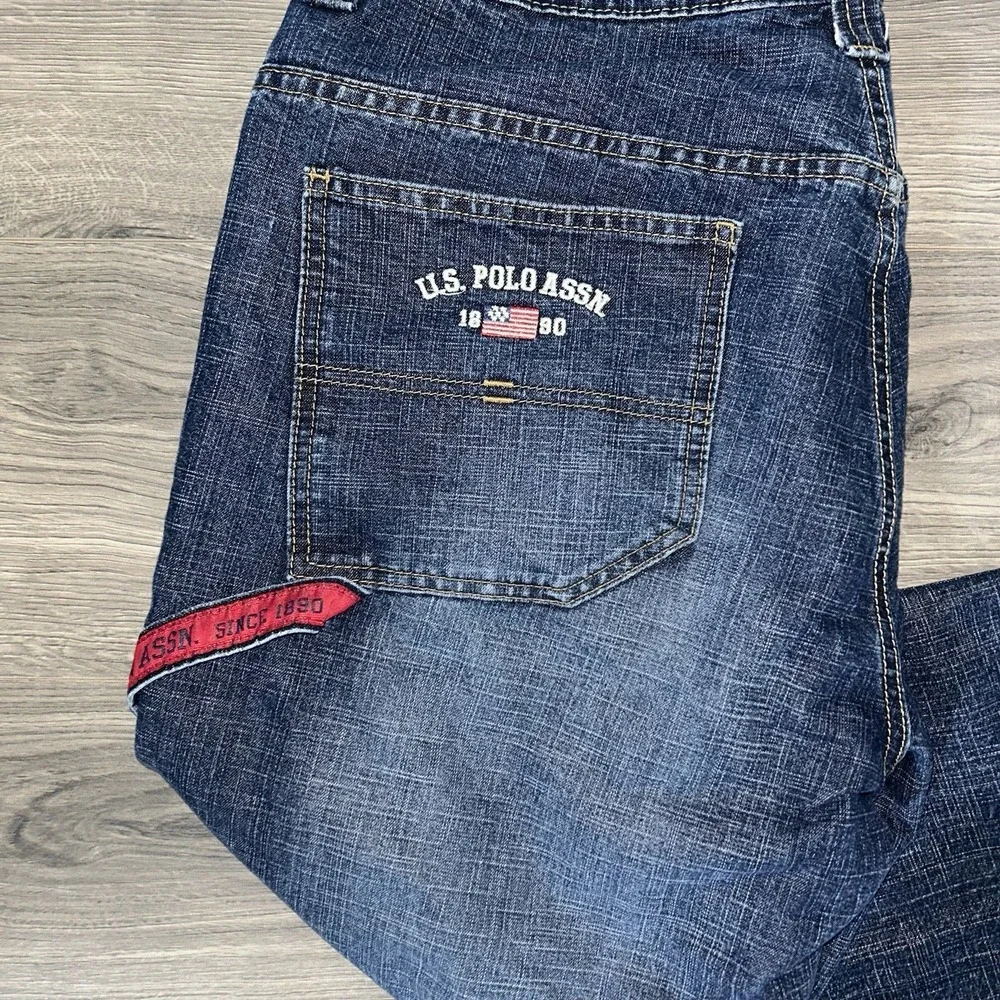 Vintage Y2K Blue U.S. POLO ASSN Embroidery Baggy Wide Leg Jeans 38x32 Carpenter